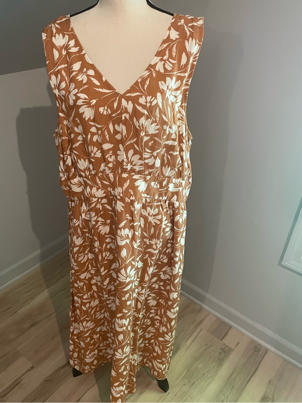 Ann Taylor Factory Linen Blend Sleeveless Midi Dress Size 18 Brown Ivory Floral